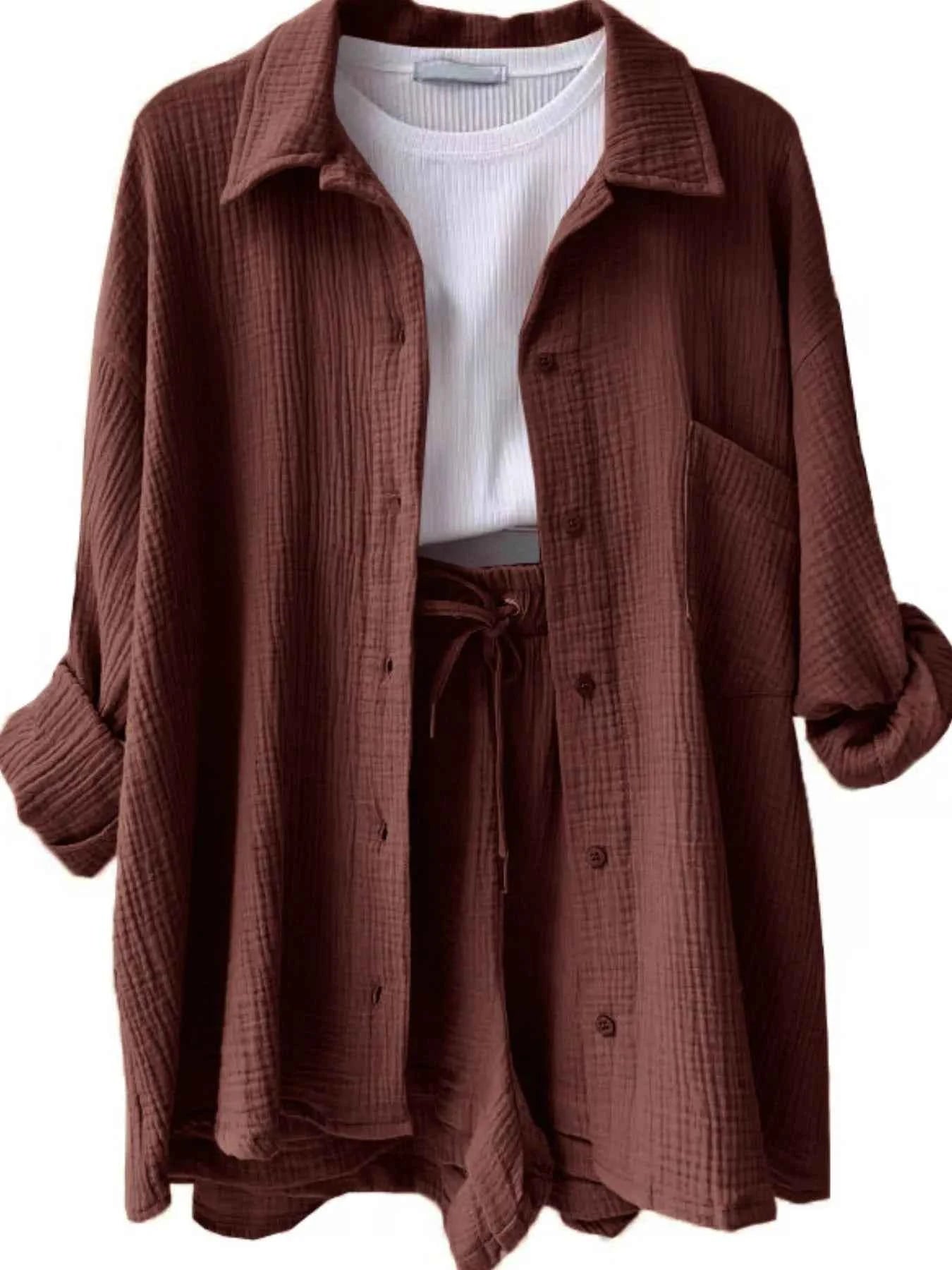 Textured Button Up Shirt and Shorts Set Brown 08ce03e6-e199-4845-ba2b-e094d7a2a7b8-Max-Origin