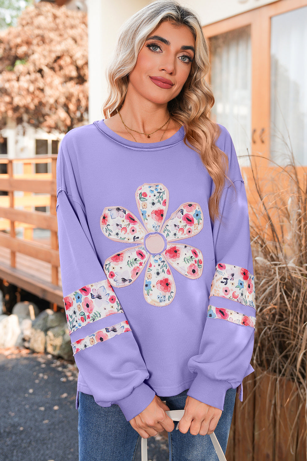 Wisteria Flower Applique Patchwork Drop Sleeve Pullover Sweatshirt 08cf20835a98dcbc