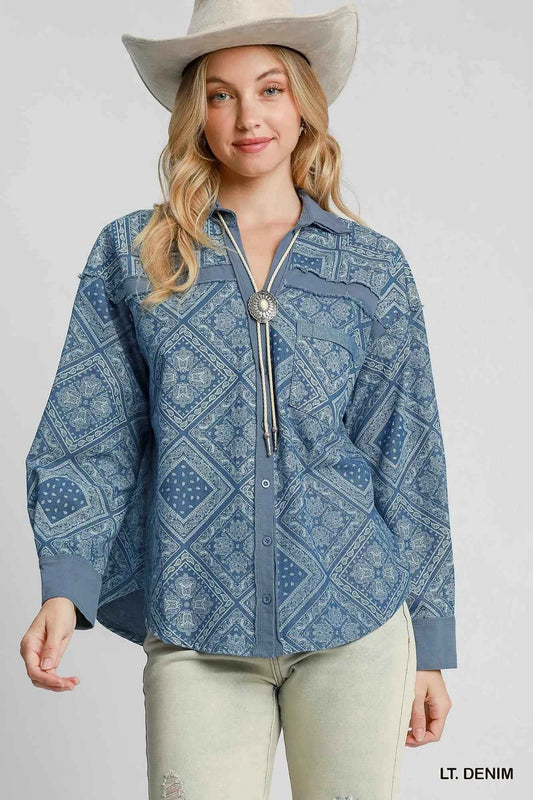Umgee Paisley Print Denim Shirt Jacket LT. DENIM 08d0a696-c8bf-4aea-ba11-63817543aef5-Max-Origin
