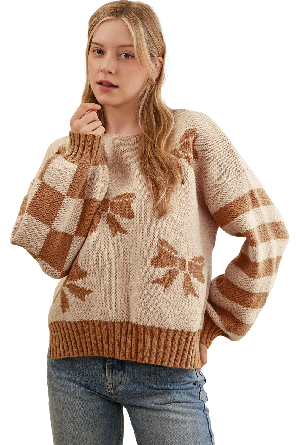 Straw Yellow Striped Checkered Sleeves Bow Print Knit Sweater Straw Yellow 65%Acrylic+35%Polyamide 08d249b58dba47e1