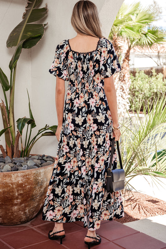 Blue Short Sleeve Smocked Detail High Waist Floral Maxi Dress 08d3cc4e5ecdcaa2