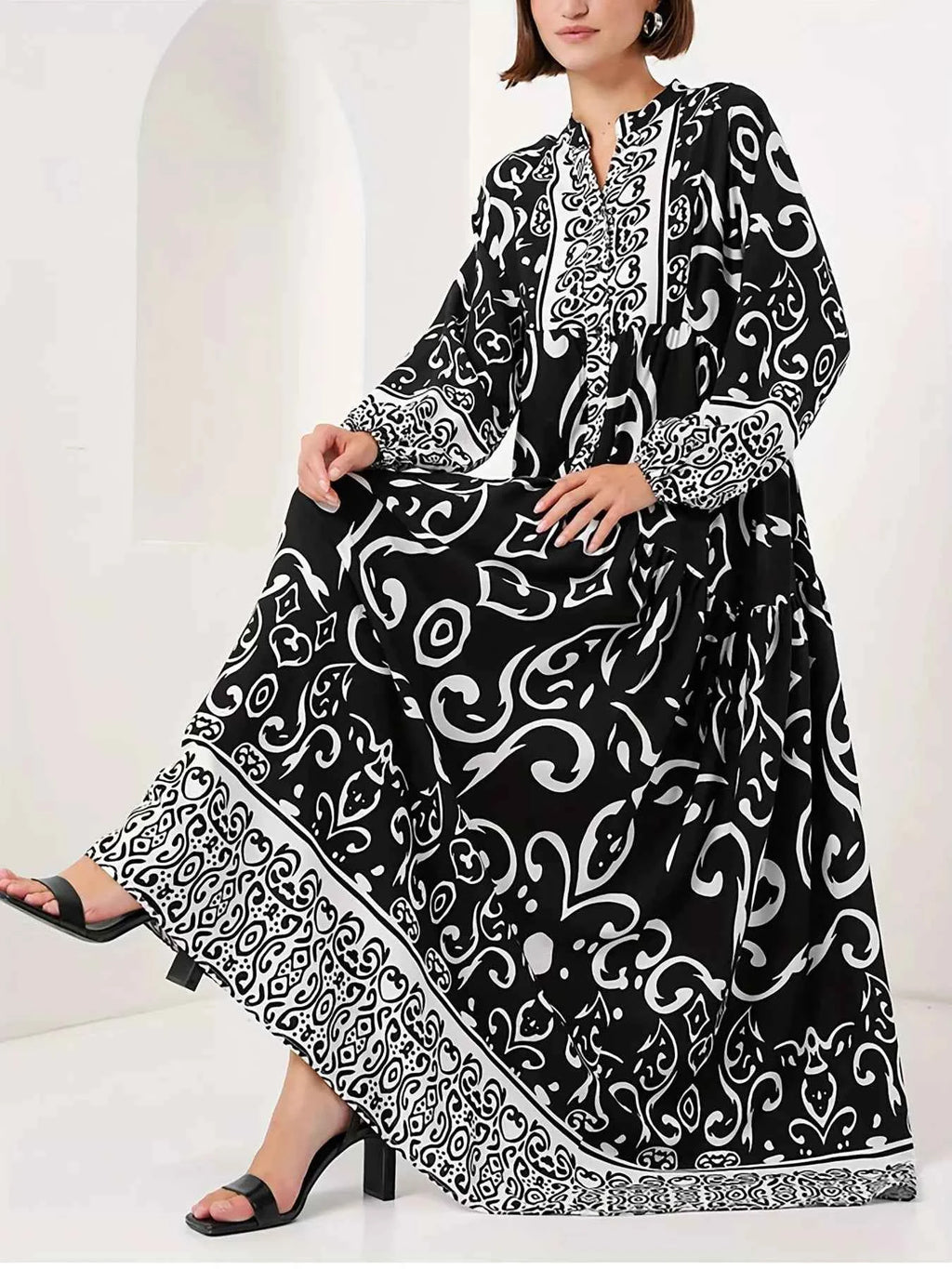 Printed Notched Balloon Sleeve Maxi Dress Black 08d6e942dd504bcf929d40e70f831260-Max-Origin