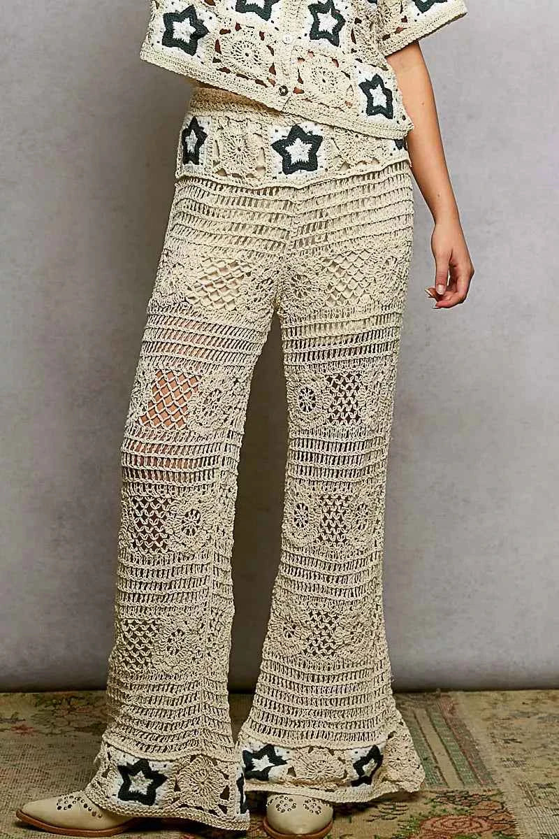 POL Openwork Crochet Flare Pants with Contrast Star