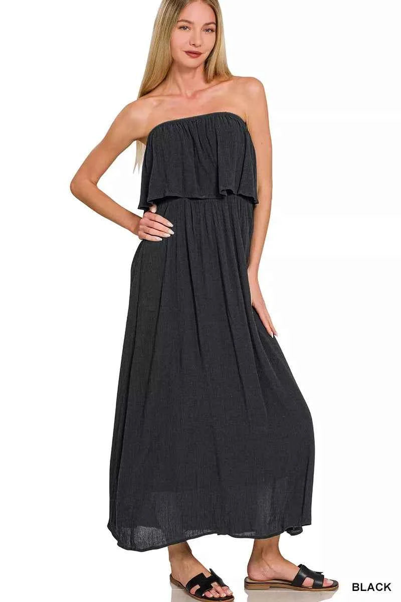 Zenana Woven Crinkle Strapless Maxi Dress BLACK 08d8c0c2713046d1b6f25eed6d6b99e3-Max-Origin