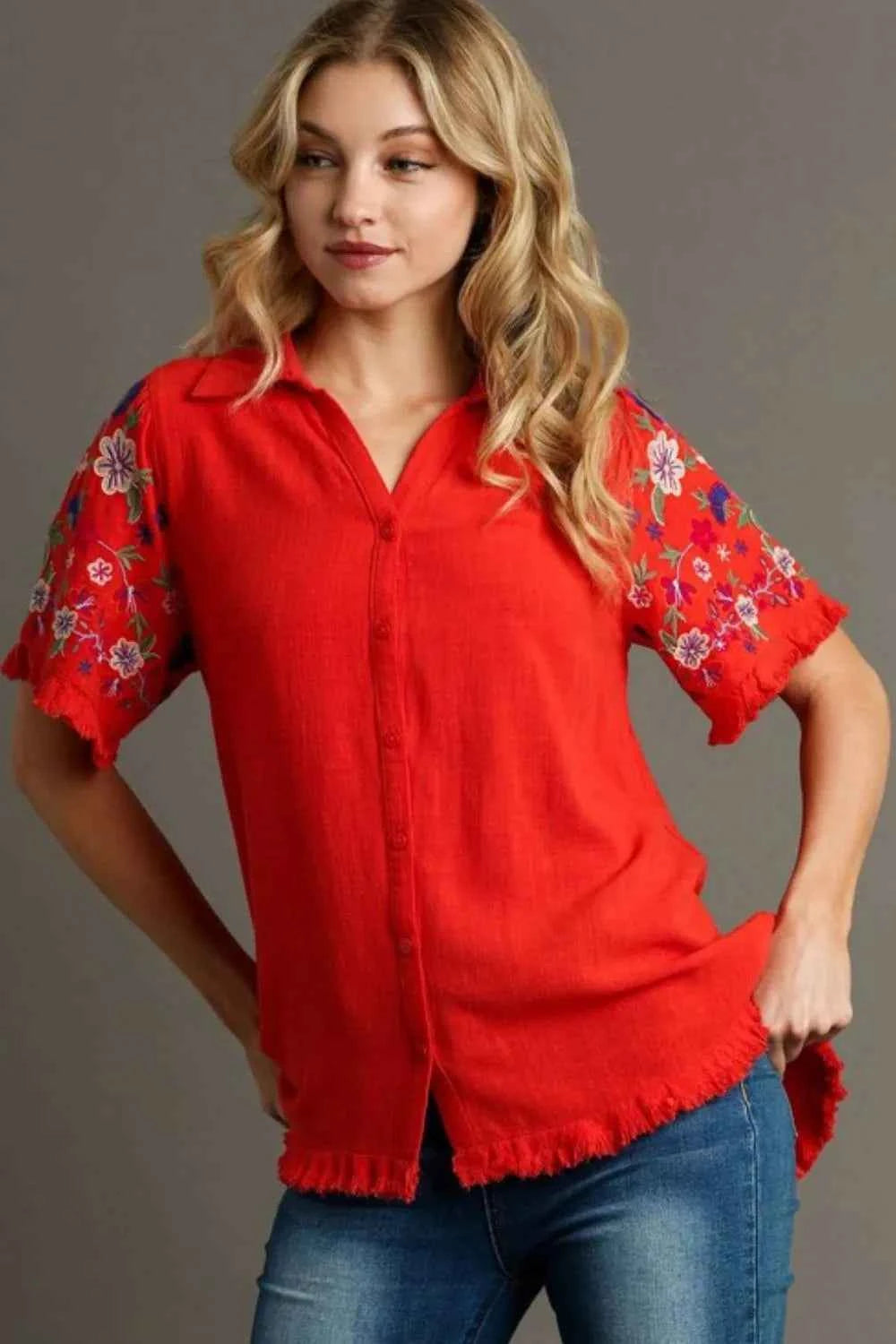 Umgee Full Size Linen Shirt with Embroidered Sleeves Plus Size Red 08dd9cde-ad68-438e-850b-e8815e625ac1-Max