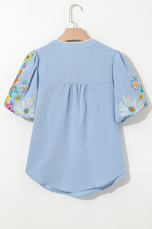 Beau Blue Floral Embroidered Puff Sleeve Split Neck Blouse 08de45c542fb3662