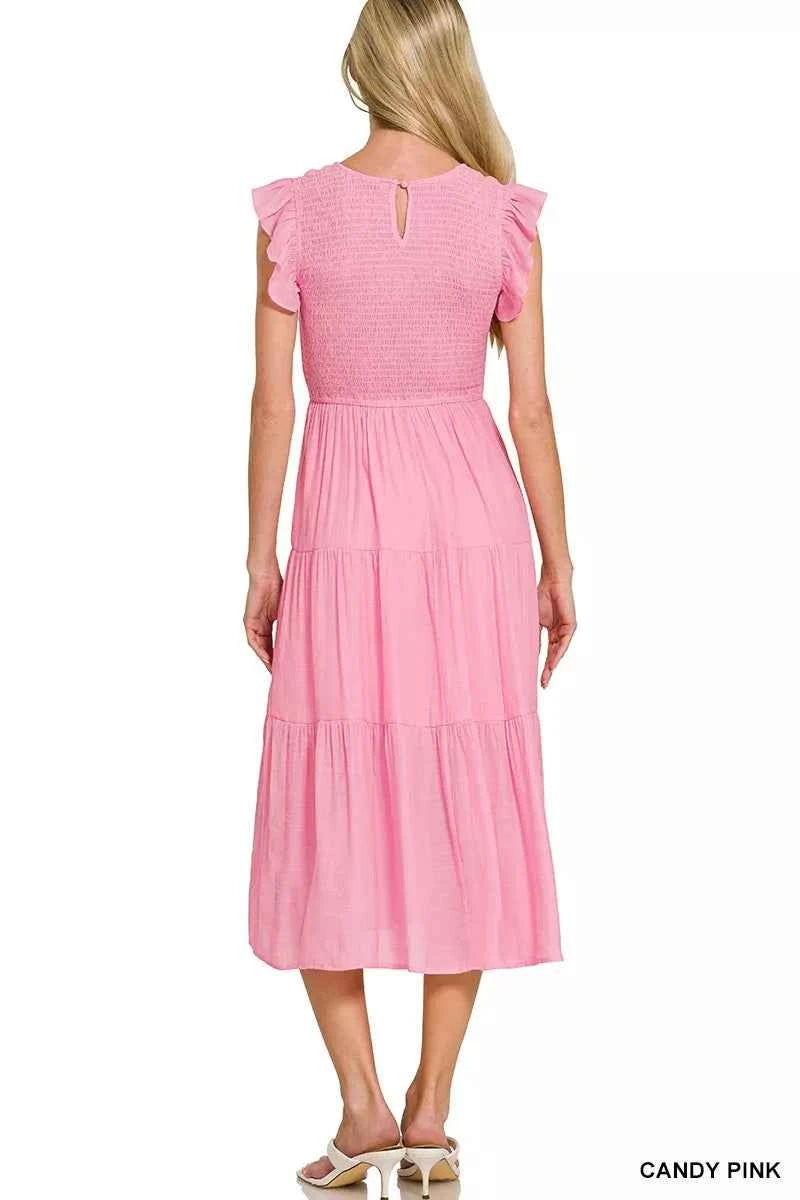 Zenana Woven Smocked Ruffle Sleeve Midi Dress 08e5ce9e5e774fb9a682611993efdfda-Max-Origin