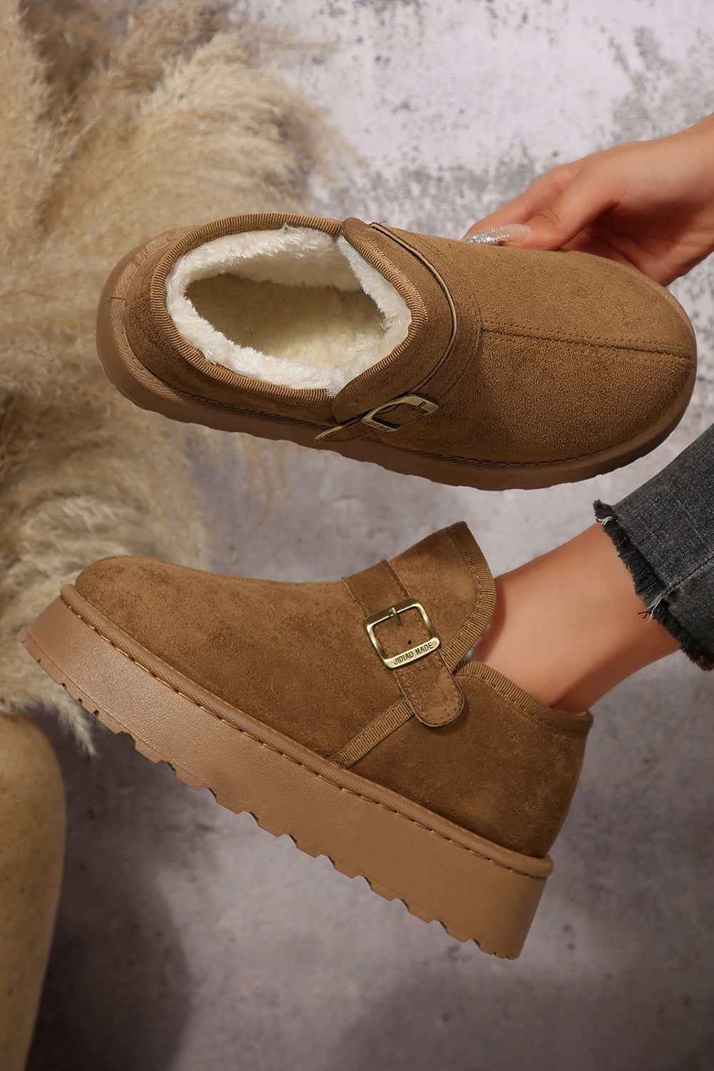 Coffee Buckle Detail Round Toe Platform Cozy Winter Boots Coffee 100%Polyester+100%TPR 08e78f804f9e1e97