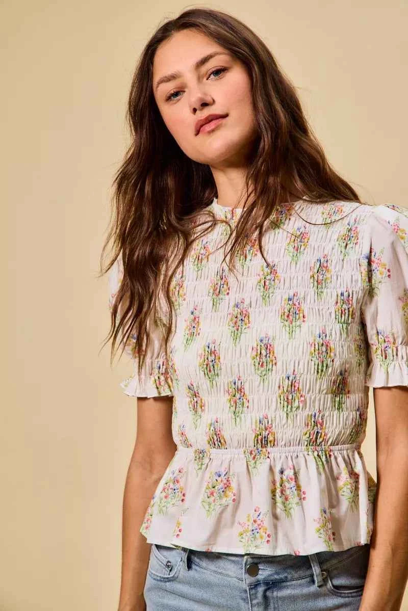 SO ME Floral Cotton Smocked Short Sleeves Blouse 08e89d0903dd470da56764c1cafd659e-Max-Origin