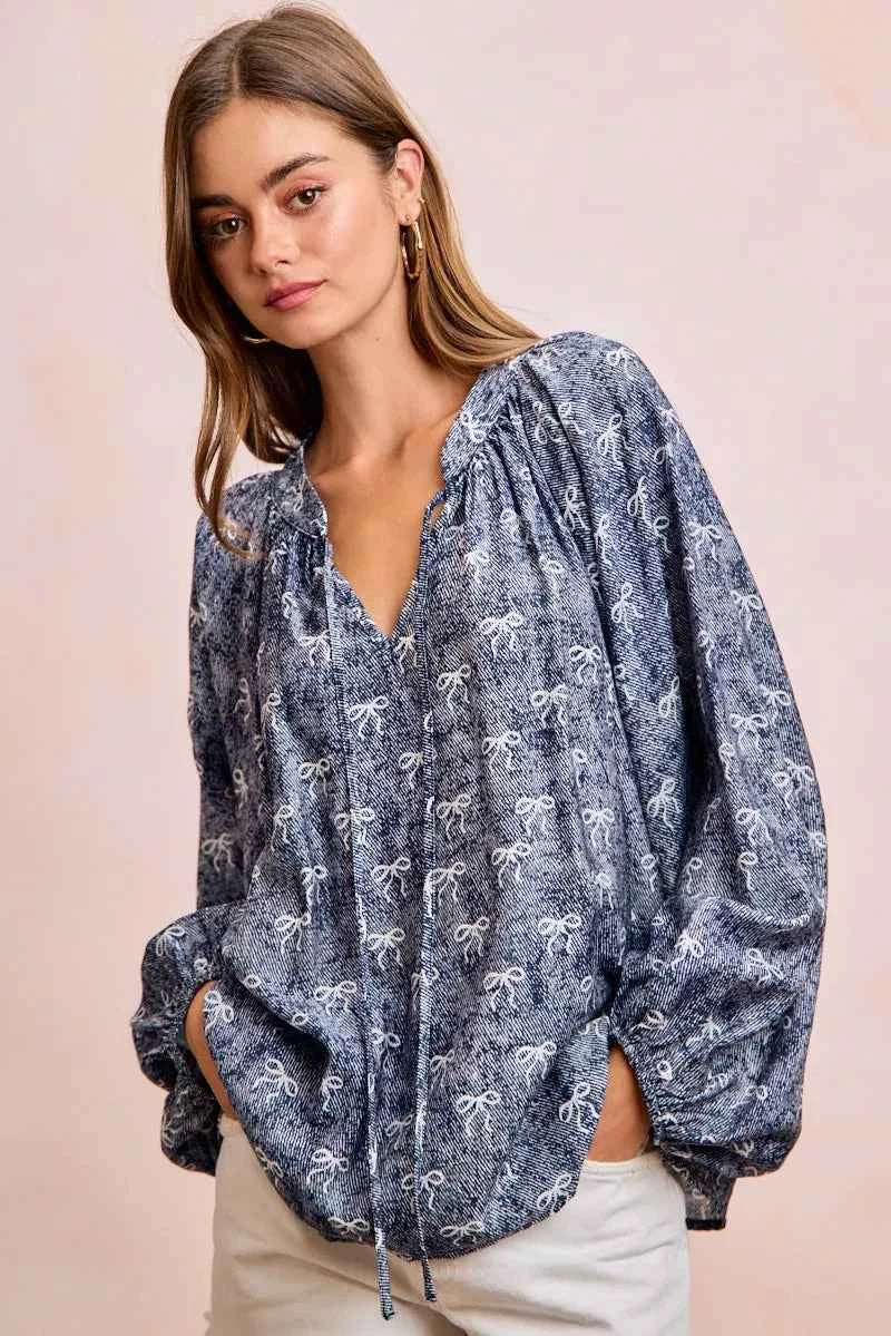 BiBi Ribbon Bow Print Exaggerated Balloon Sleeves Top 08eab4efe96b4bd2b42905c78d78a058-Max-Origin