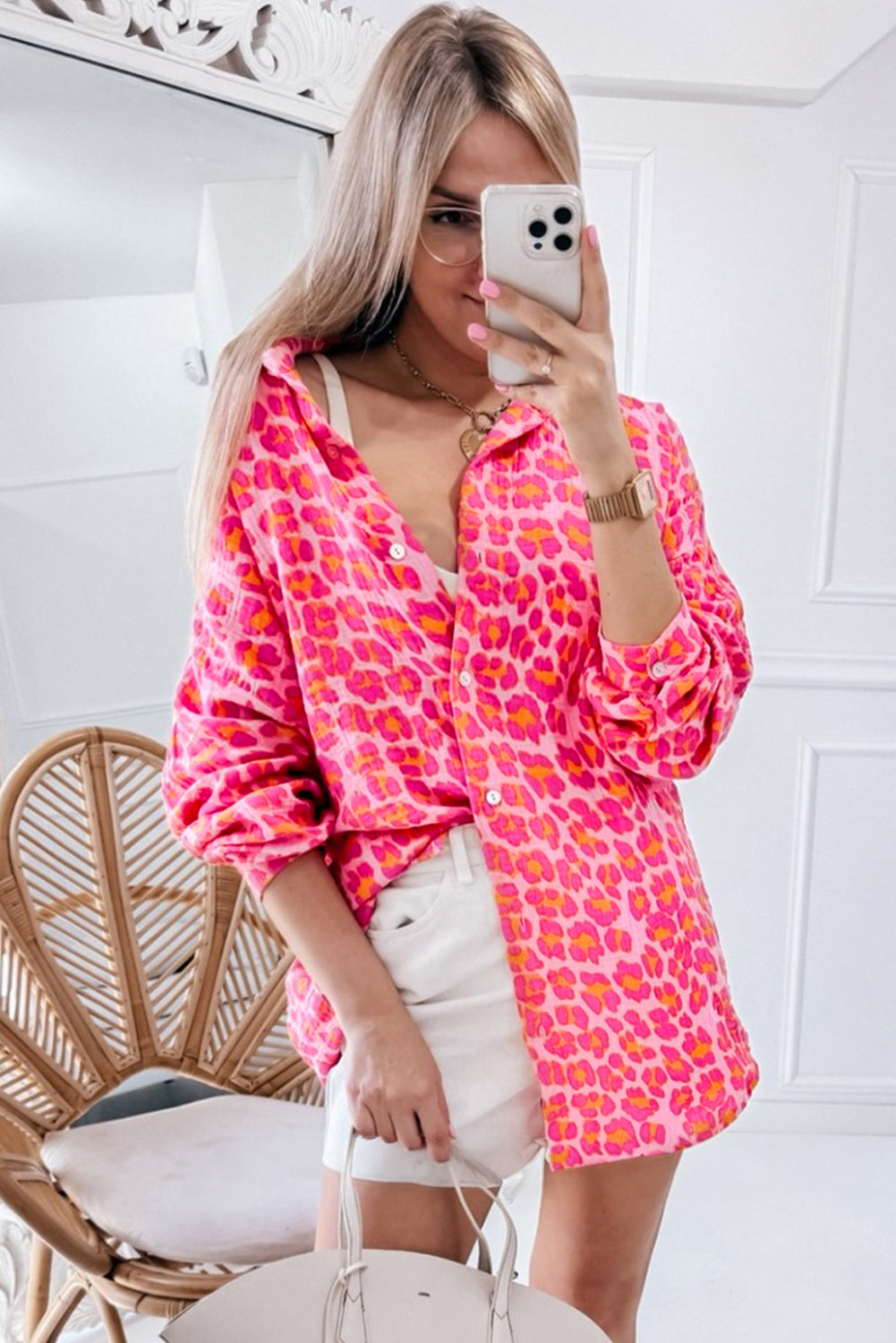 Rose Leopard Print Button-Up Crinkle Shirt 08eb0f09ad071936