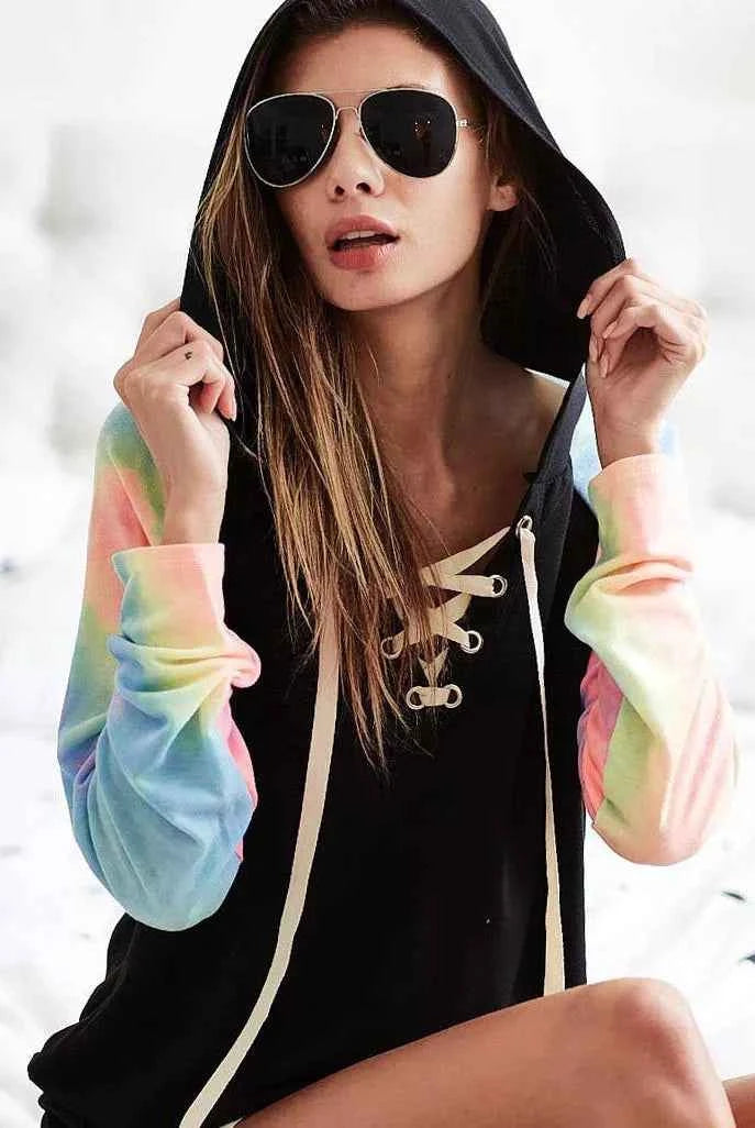French Terry Lace Up Hoodie With Tie Dye Sleeves 08ec20da-c249-4639-afe3-e4536e1f7e39-Max-Origin