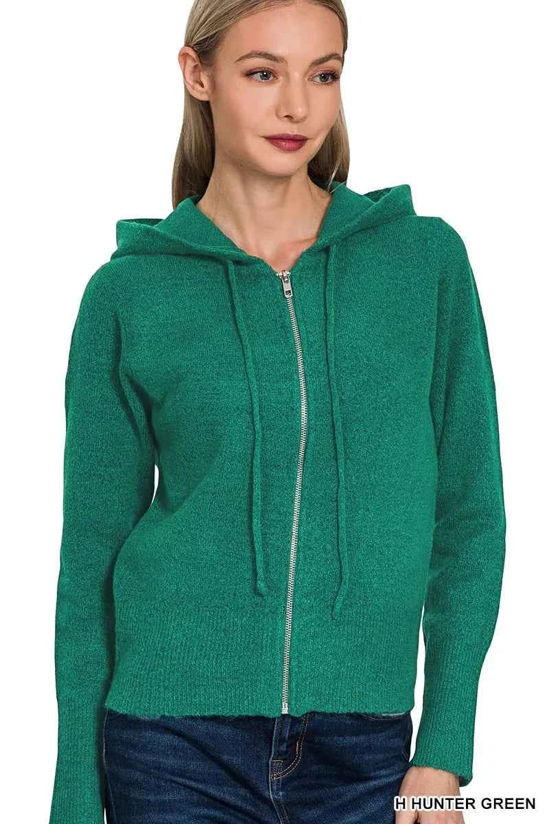 Zenana Drawstring Zip Up Hooded Cardigan H HUNTER GREEN 08ee6087d2ed4b58875f7a531452b007-Max-Origin
