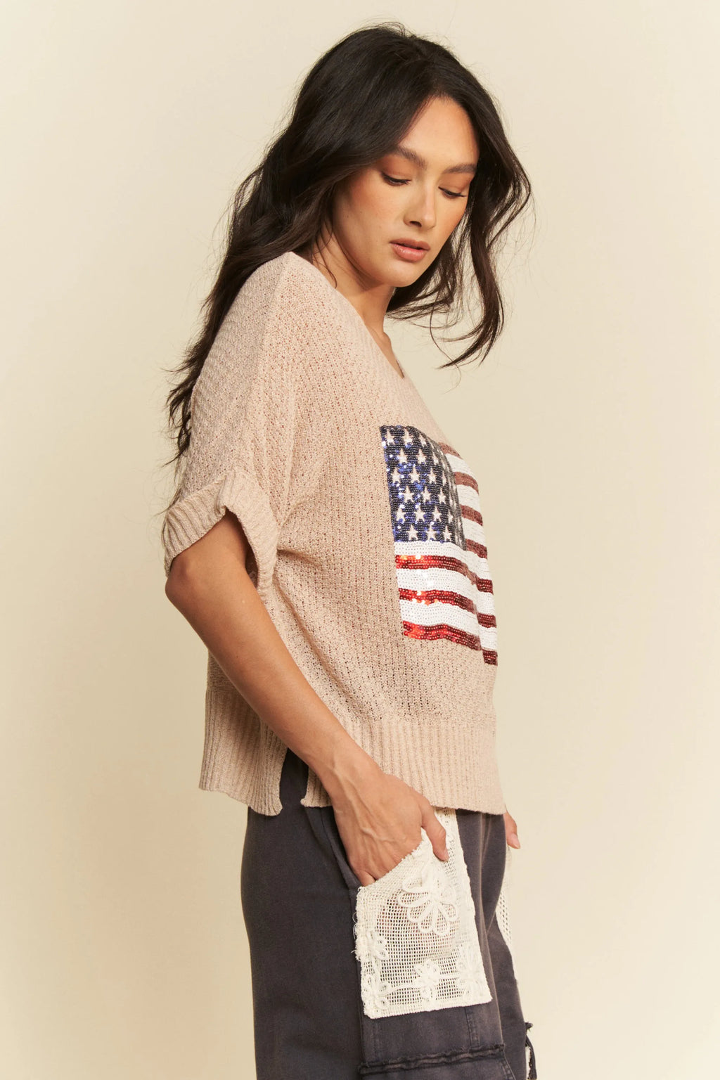 Davi & Dani Sequin American Flag Patch Short Sleeve Knit Top 08ee8f67971e475381ecd36aa87b3f12-Max-Origin