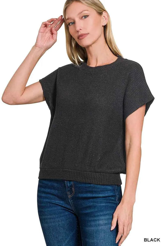 Zenana Round Neck Banded Botton Short Sleeve Sweater BLACK 08f27a5a3ab14dd492a37a40a8cdcf6c-Max-Origin