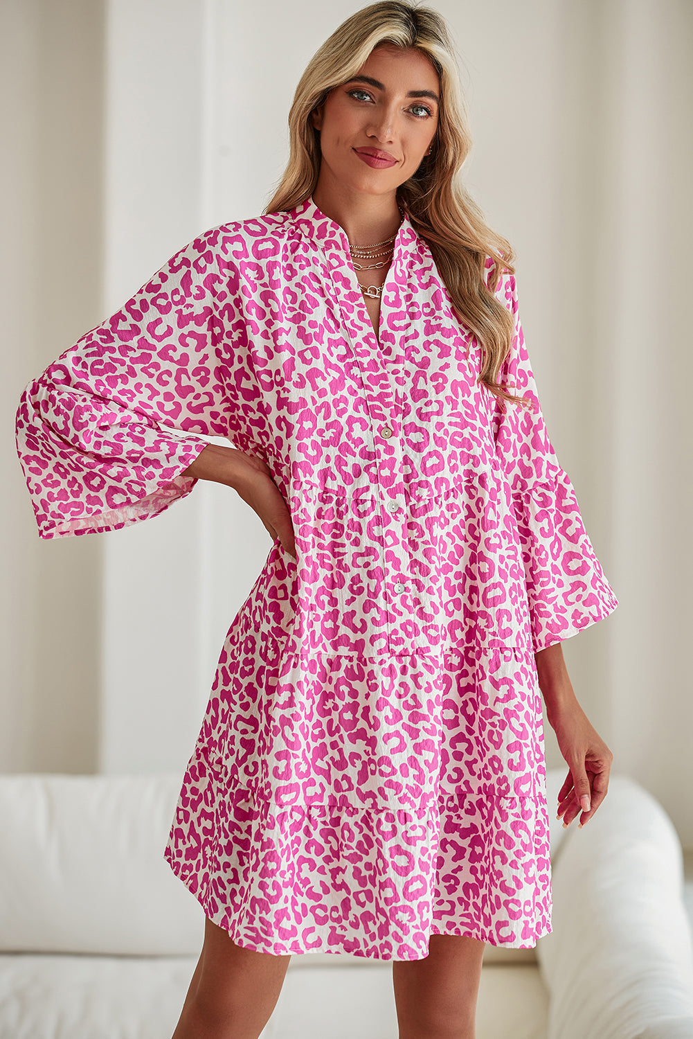 Bright Pink Leopard Print Flounce Sleeve Mini Dress 08f6fe0fc2ea1f23