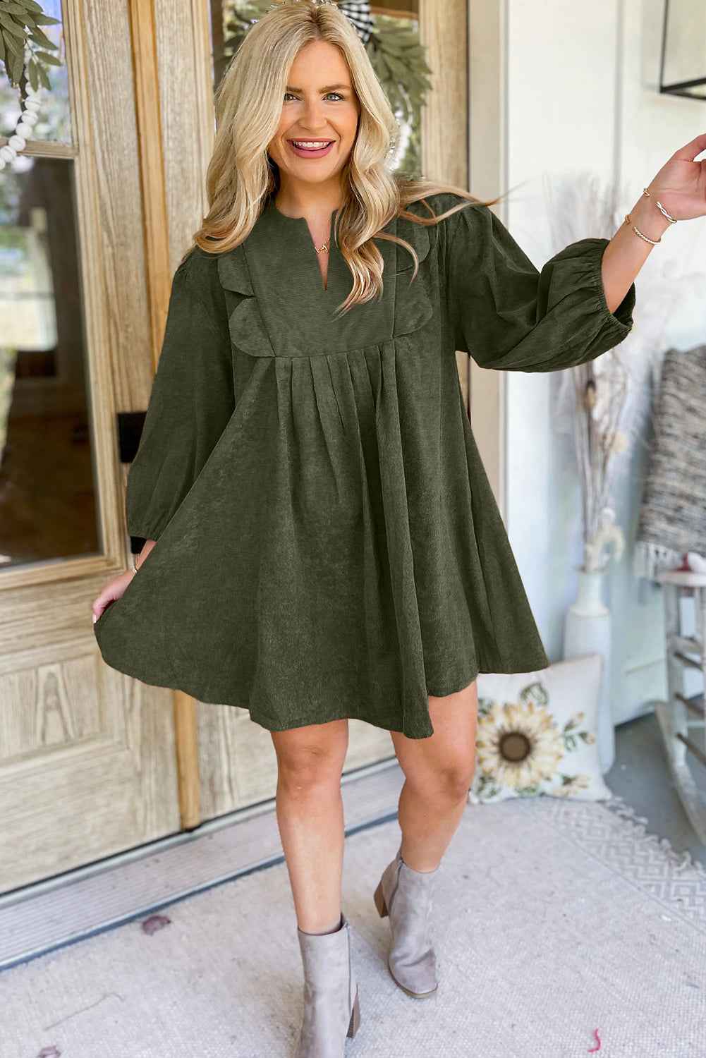 Moss Green Split Neck Scallop Detail Pleated Corduroy Mini Dress 08f7e7e0a7c946b8