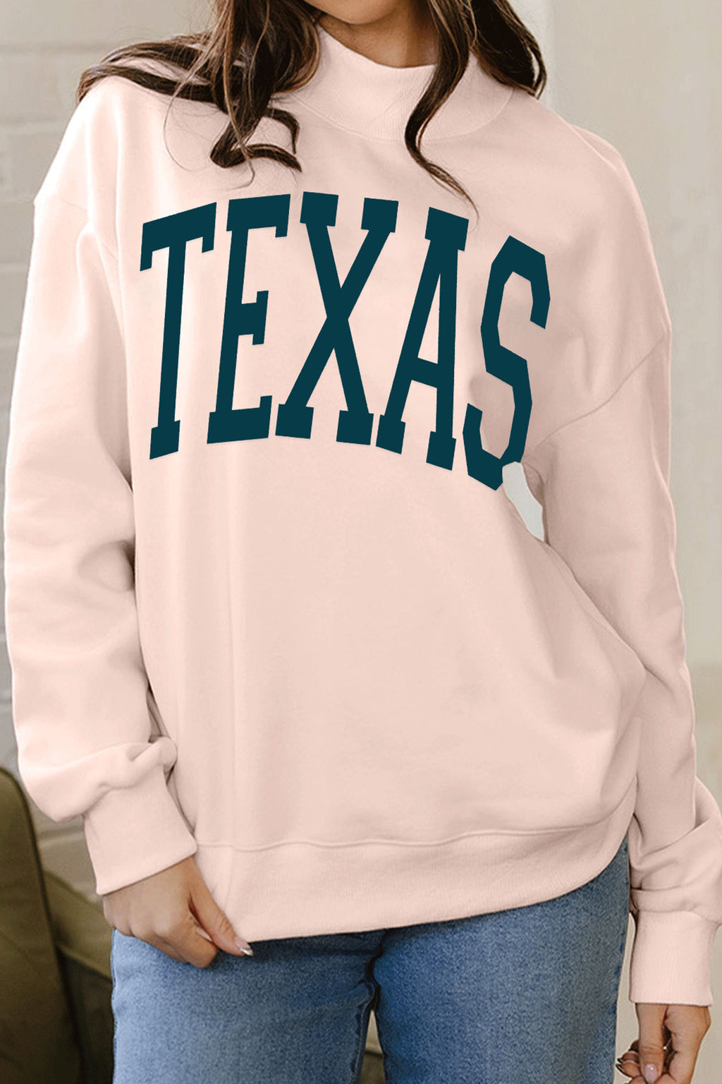 Apricot Pink TEXAS Letter Printed Mock Neck Baggy Sweatshirt 08fe1e6c01ca1c18