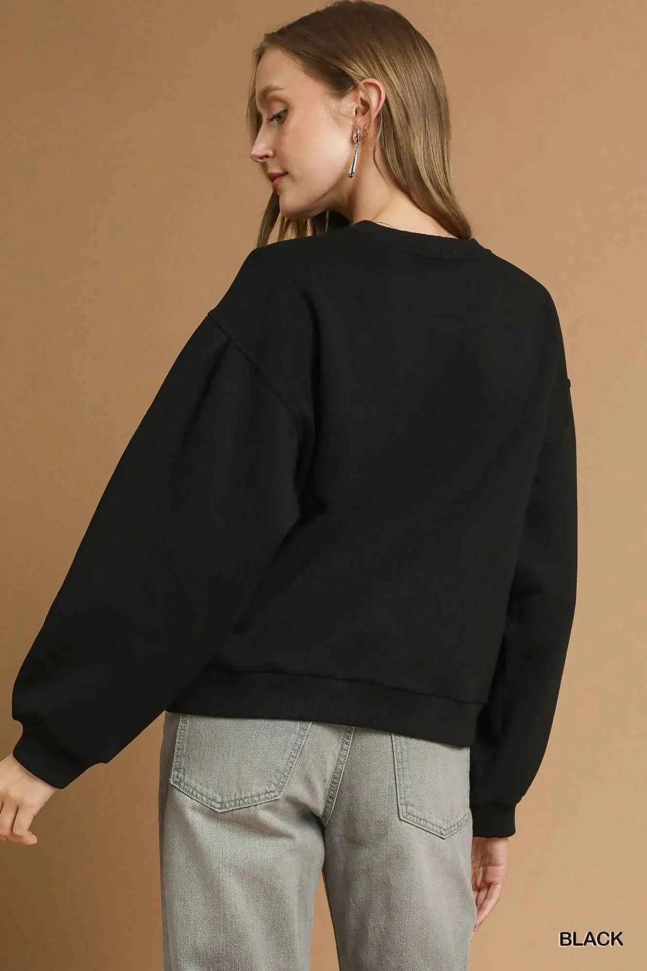 Umgee Round Neck Sweatshirt with Pleated Detail 08fe7875-55d0-4637-9a45-64512195be40-Max-Origin