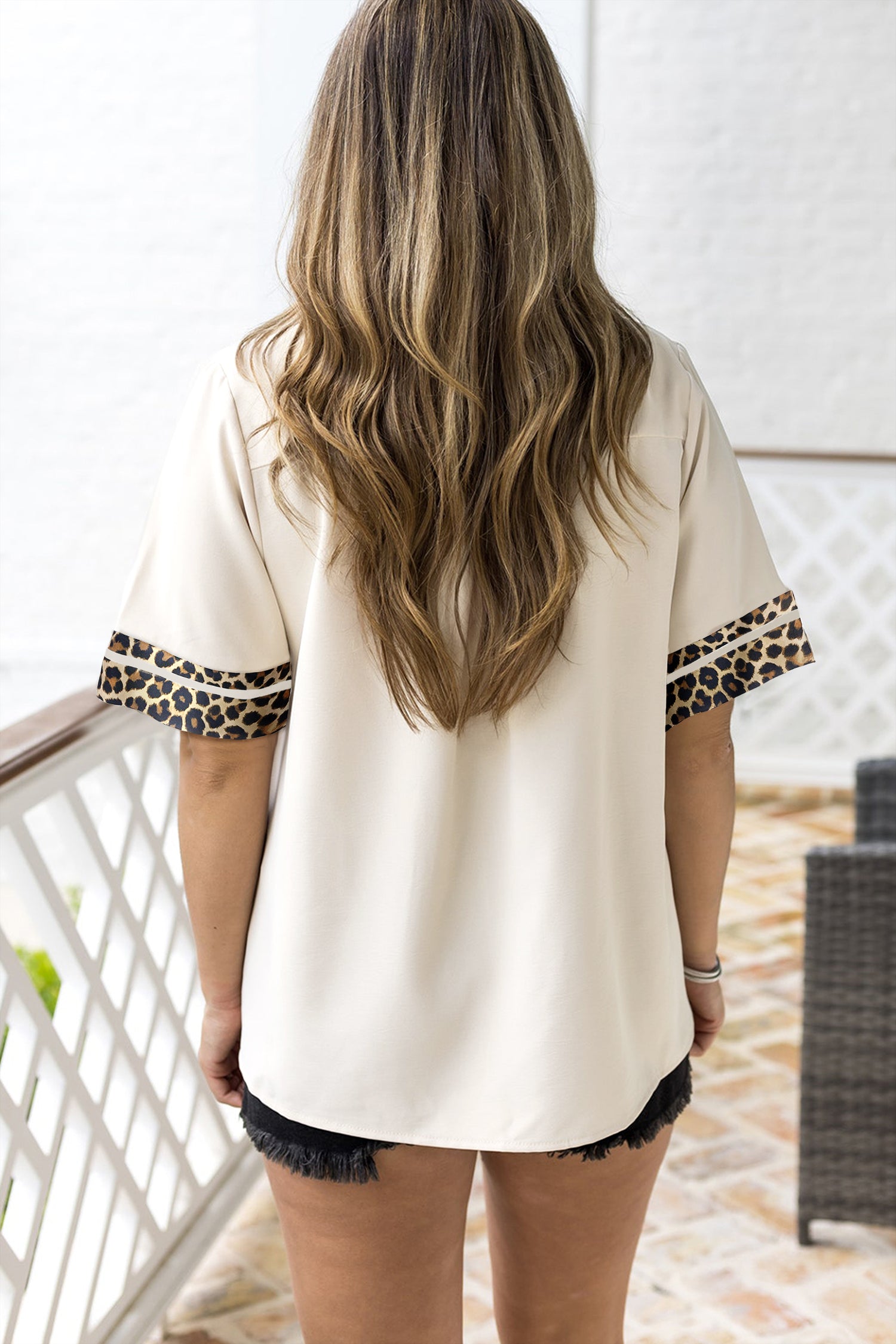 Jet Stream Leopard Patchwork Trim Split Neck Short Sleeve Blouse 0904f41e7a179e4f