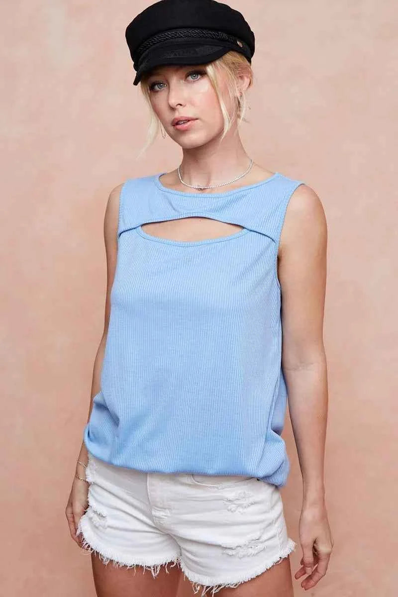 BiBi Soft Rib Knit with Cut Out Front Sleeveless Top 0906bde468214f45bc4cd580203ccea3-Max-Origin