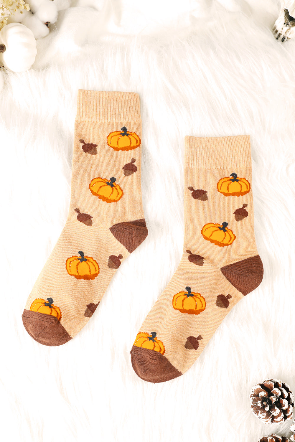 Parchment Pumpkin & Acorn Pattern Combed Cotton Crew Socks 090925b3384d4283