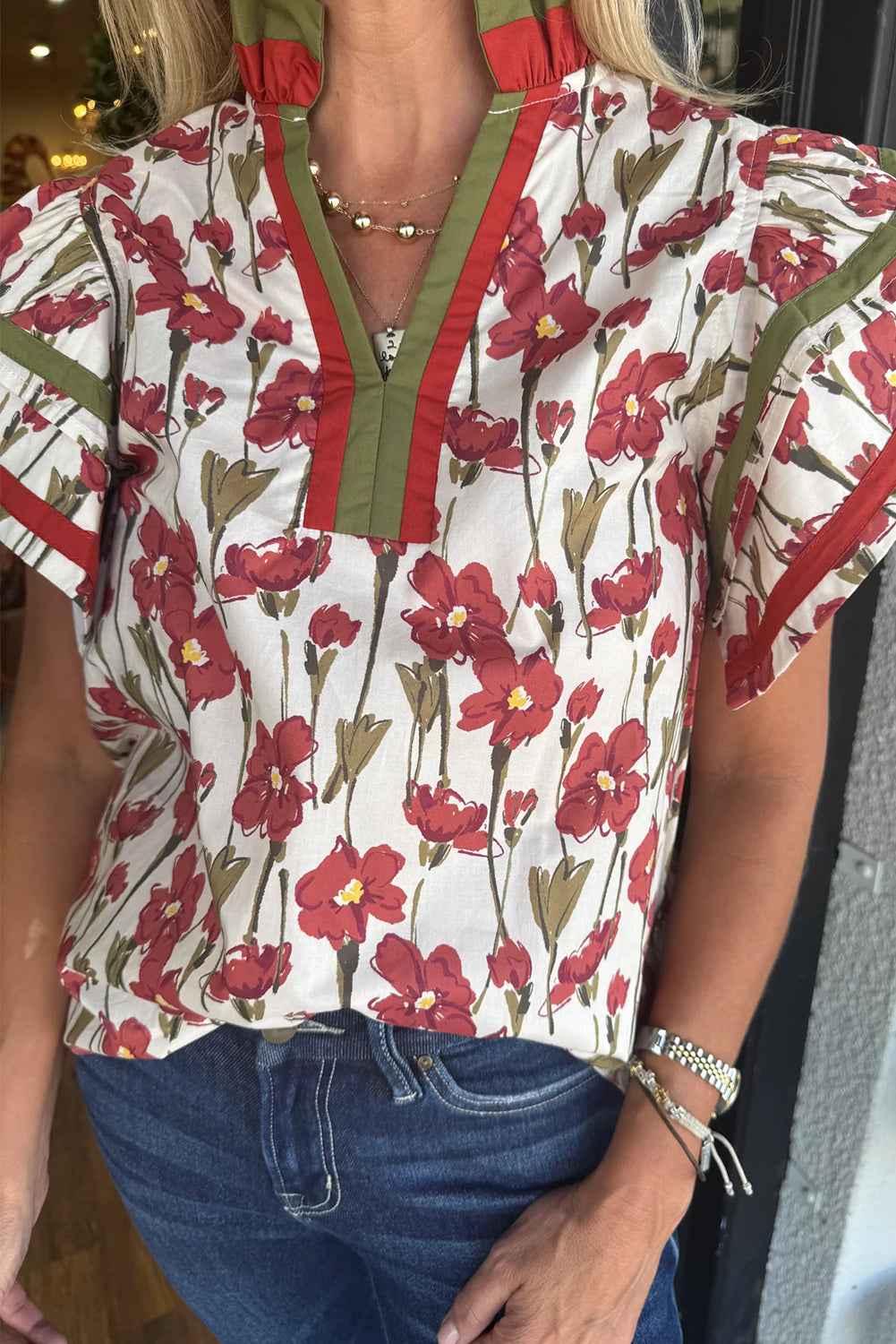 Pink Floral Print Contrast Trim V Neck Double Ruffled Short Sleeve Blouse 090f157100227db0