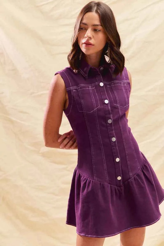 Button Down Sleeveless Collared Game Day Mini Dress PURPLE 090f5d522723411daa15eafe669c5066-Max-Origin