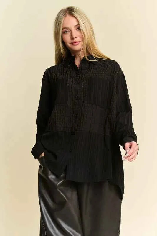 Davi & Dani Crinkled Jacquard Button Down Shirt Black 09110706-f1bc-4dca-b353-6f05382a0d03-Max