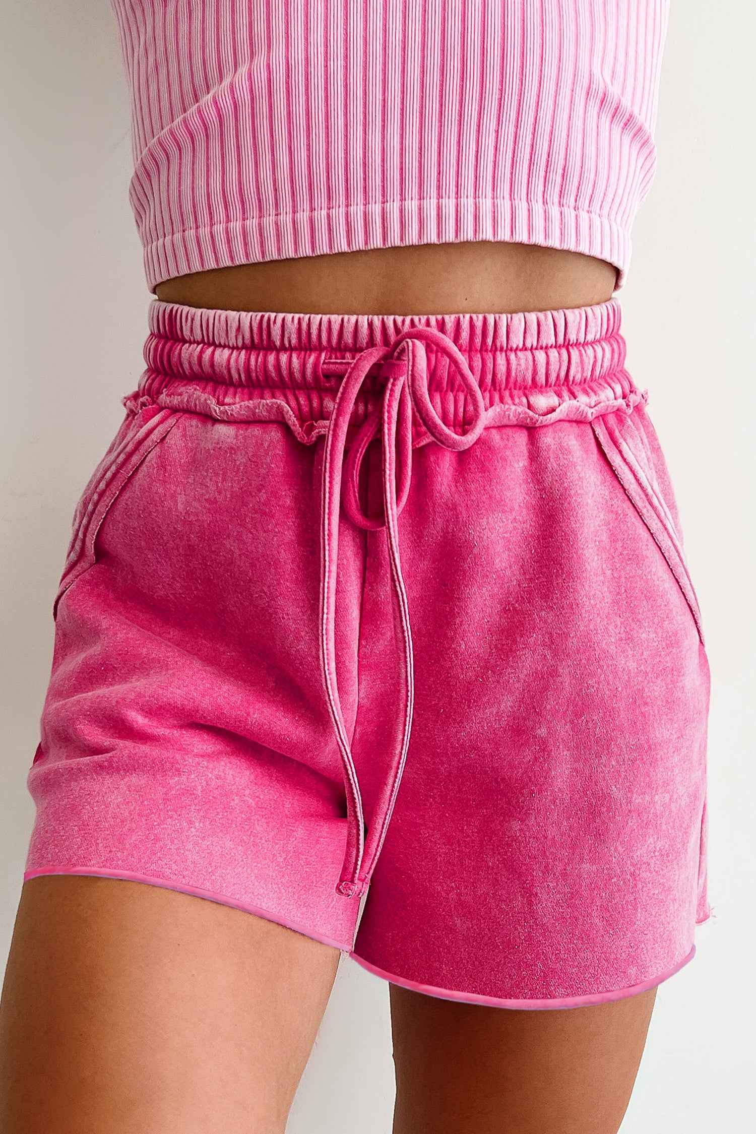 Rose Red Mineral Washed Drawstring Elastic Waist Raw Cut Shorts 0912c42939d81167