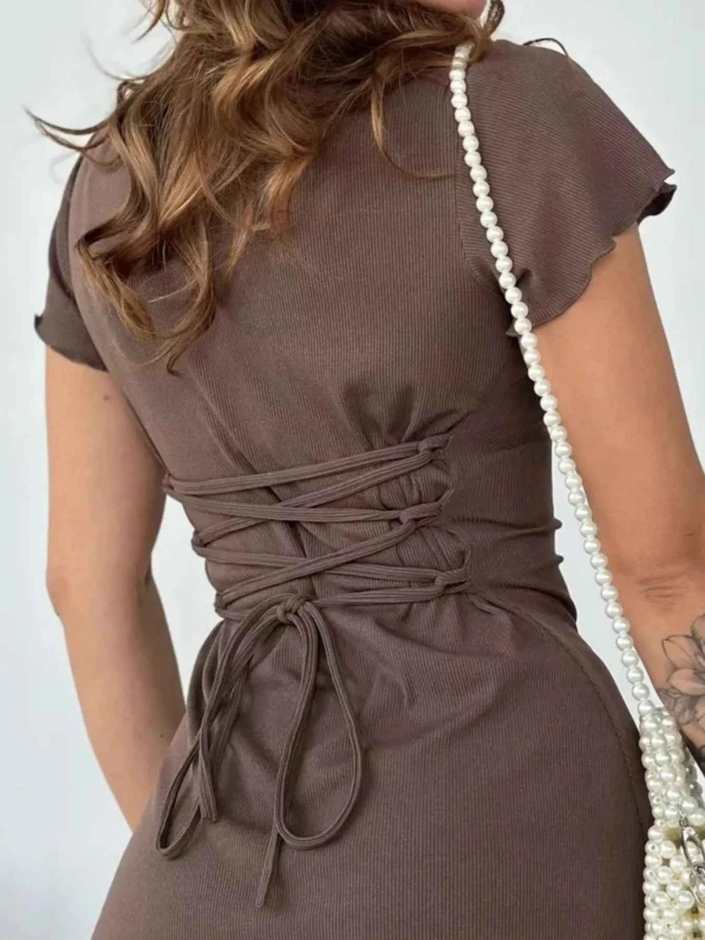 Ribbed Back Lace Up Short Sleeve Mini Dress 091516c6-3ea6-42bc-9777-b72f7219d6da-Max-Origin