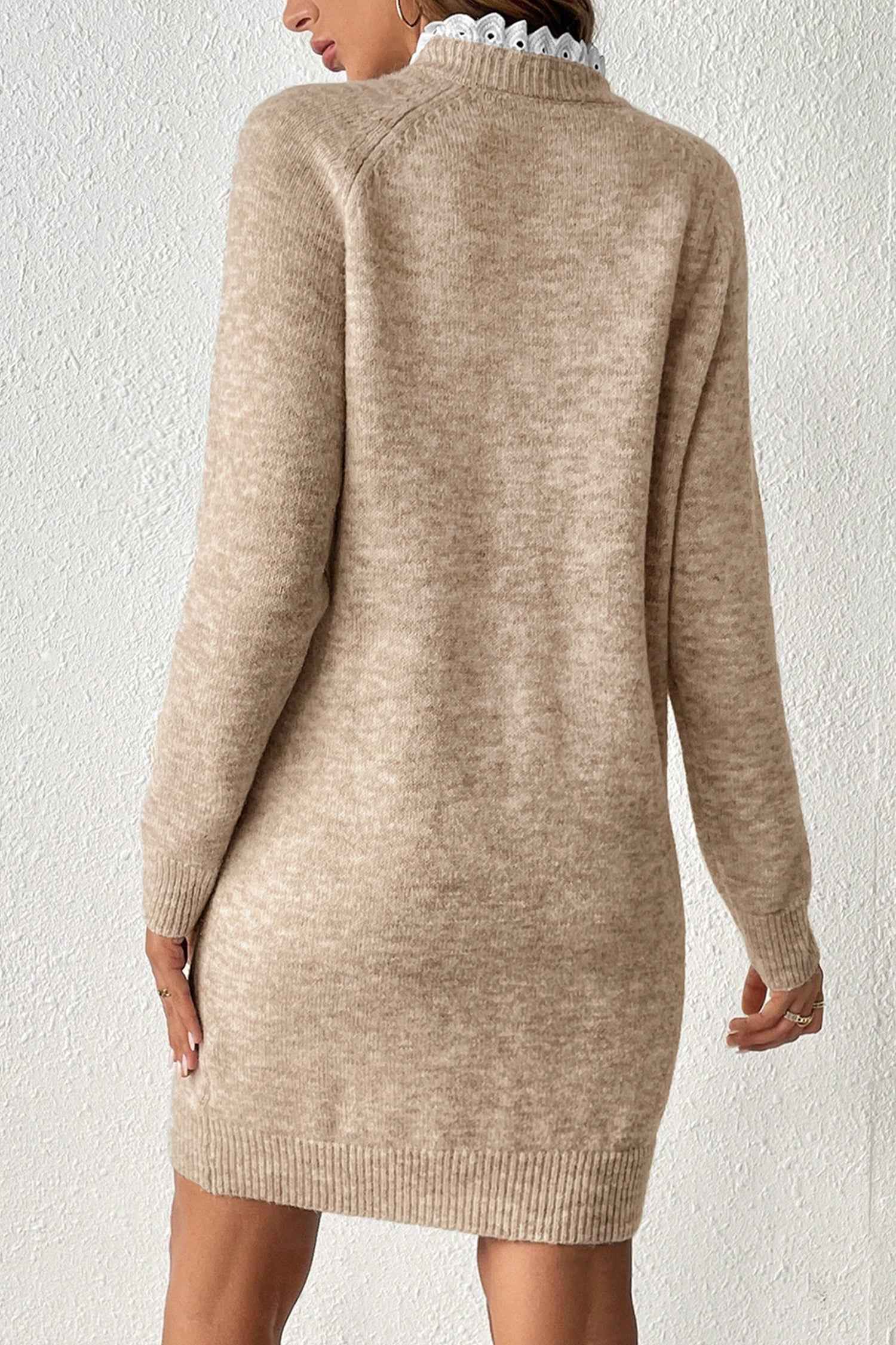 Parchment Button Lace Detail Raglan Sleeve Shift Mini Sweater Dress 0917ca8297f9af87