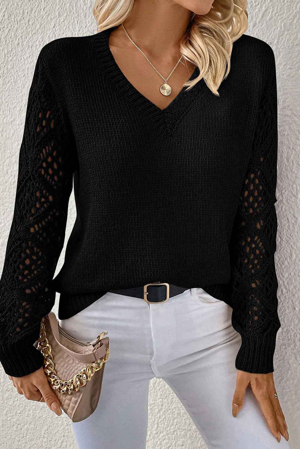 Beau Blue Solid V Neck Pointelle Knit Sleeve Patchwork Sweater Black 100%Acrylic 09196c4513b3c42f
