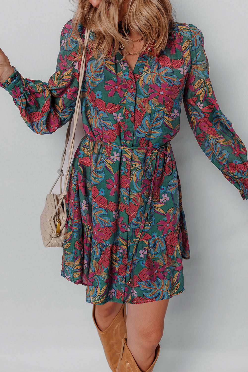 Green Floral Frill V Neck Puff Sleeve Ruffle Mini Dress 091b6a9ddfdefa33