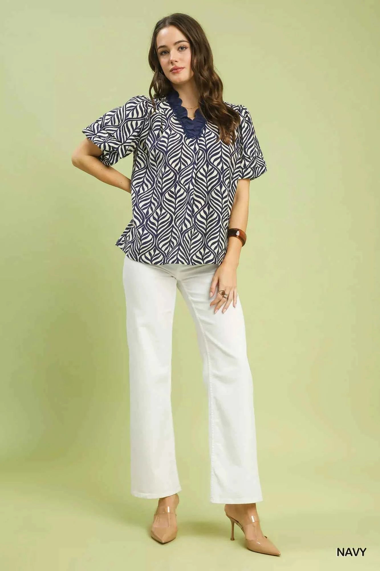 Umgee Printed Puff Sleeve Ruffle Neck Top 091e7a1a-24a4-4cdc-a4eb-7a7a128f775a-Max-Origin