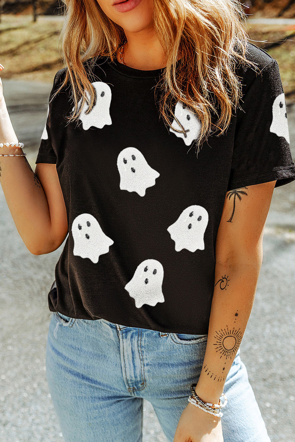 Sachet Pink Halloween Ghost Sequins Patch Casual T Shirt Black 62%Polyester+32%Cotton+6%Elastane 091fb0a0537394a8