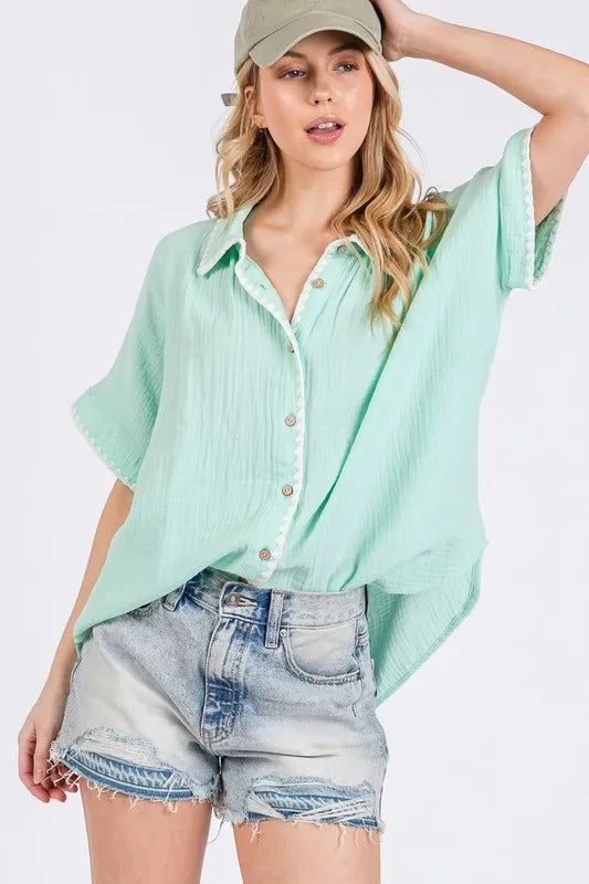 SAGE+FIG Boho Contrast Zigzag Trim Gauze Button-Up Shirt Mint 0924ec91-2ec1-4898-abe7-59fcc6350ecf-Max