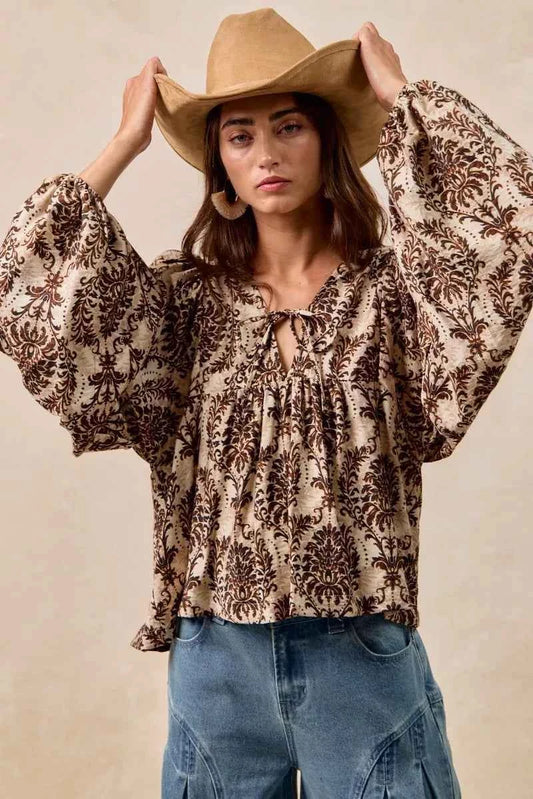 Printed Woven Front Tied Blouse with Baloon Sleeve 09299964b5d34341b7709297be4317fb-Max-Origin