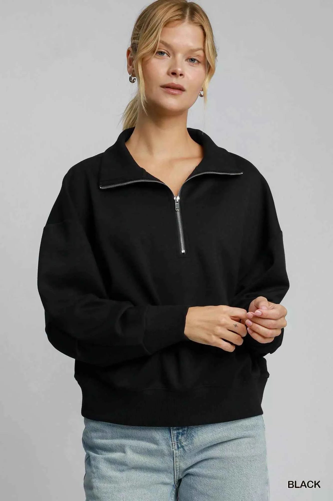 Umgee Half Zip Drop Shoulder Sweatshirt Black 092a53f7-17f2-432a-86d0-1700a9ca7e6d-Max-Origin