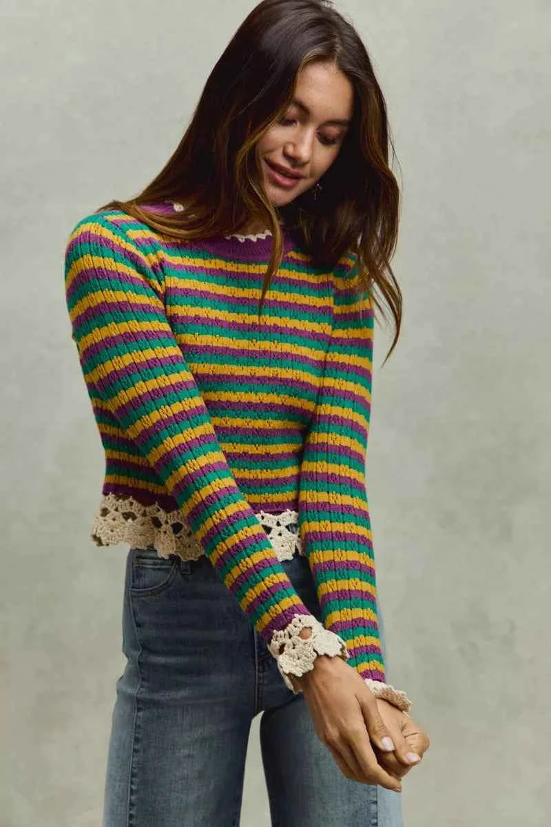 SO ME Mardi Gras Striped Cropped Knit Top with Crochet Edge 092df314aec446b4bdfaa3e5f74b8fb0-Max-Origin