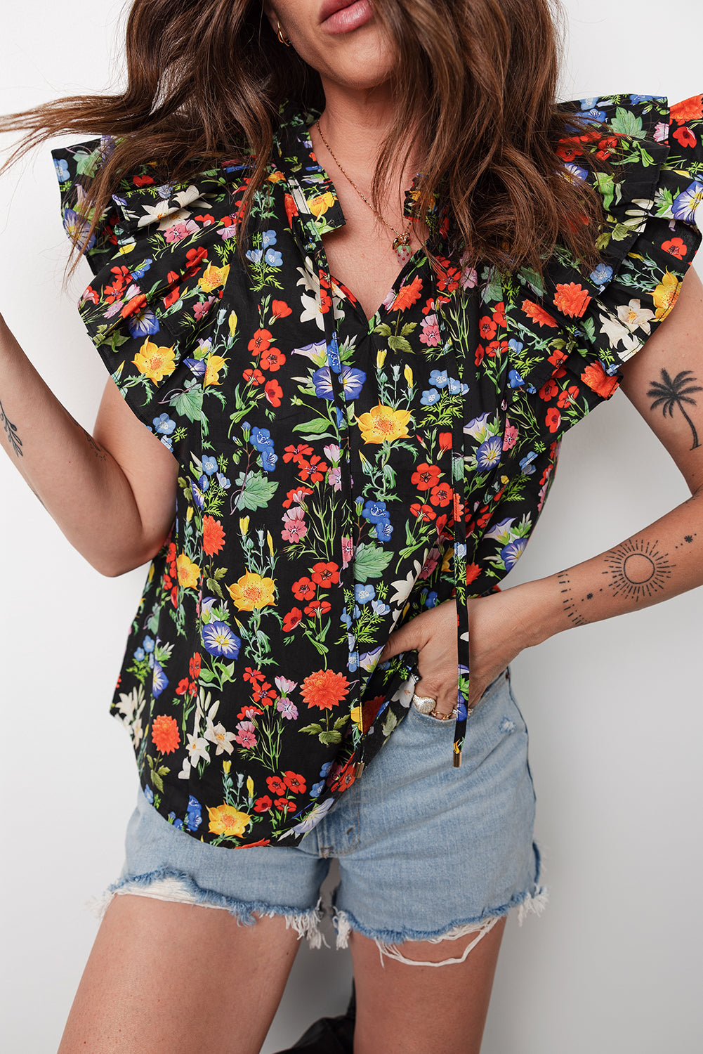 Black Tiered Flutter Sleeve V Neck Flower Blouse 0931320c83919da9