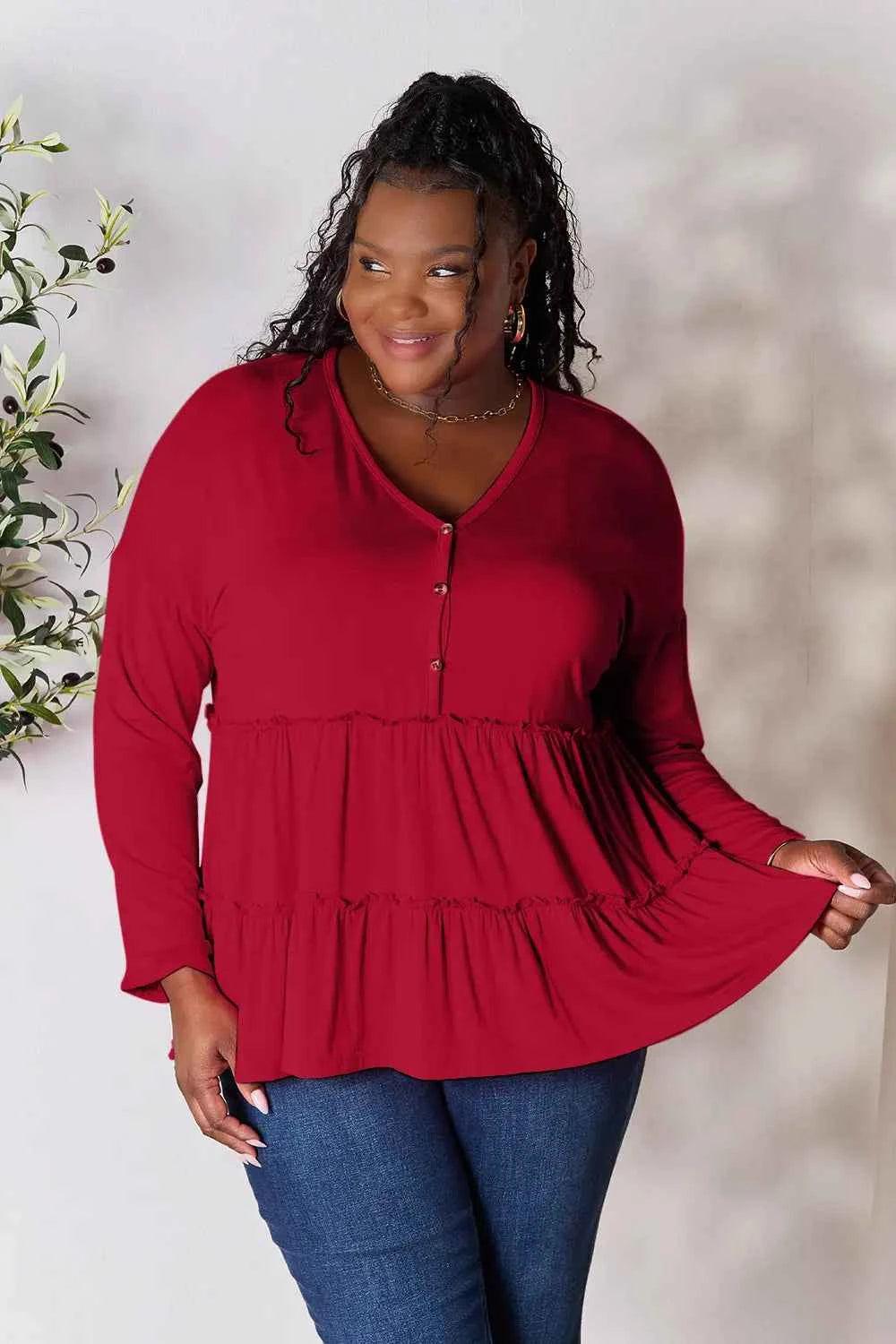 Double Take Half Button Long Sleeve Ruffle Hem Blouse 0932ff69396043118d89922887b09110-Max