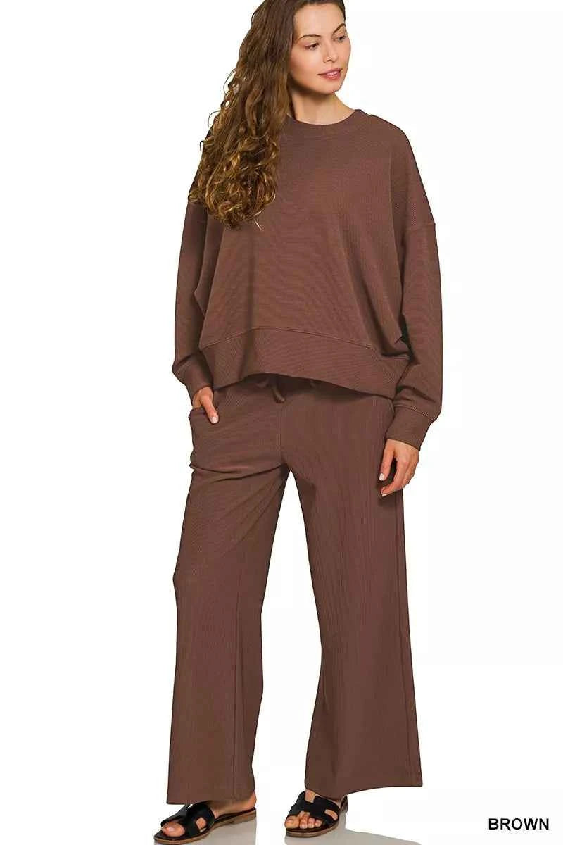 Zenana Ribbed Round Neck Pullover and Drawstring Pants Set BROWN 0934516fee7e497ab035c0071f2783da-Max-Origin
