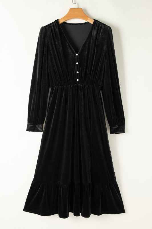 Olivia Velvet Buttoned Puff Sleeve V Neck Split Mi 09363f95-6238-40ce-93ae-c19d434e1769_aeb7ad20-776d-480b-a81d-92c0f2eb0957