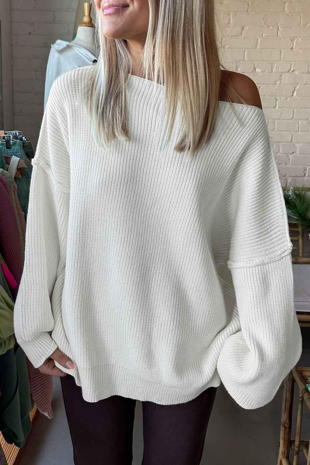 White Asymmetric Neck Drop Shoulder Baggy Slouchy Sweater White 55%Acrylic+45%Cotton 0937e0fbd4fc73e0