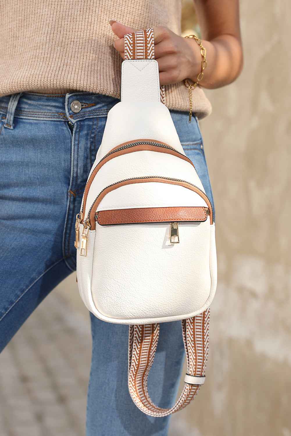 White Casual PU Multi Zipped Street Sling Bag 093b81d27d47d8d7