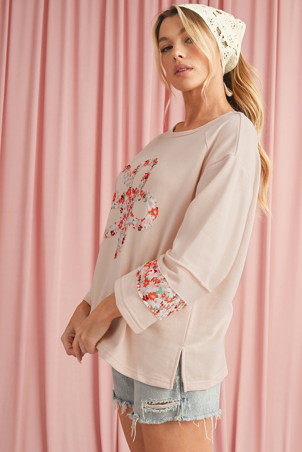 Beige Flower Exposed Seam Patchwork Loose Top 093fdbdce24d4f01