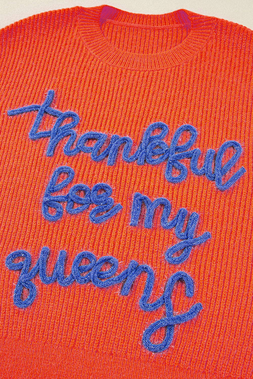 Vitality Orange Thankful for my queens Ribbed Knit Drop Shoulder Graphic Sweater 094003f459a1f1e5