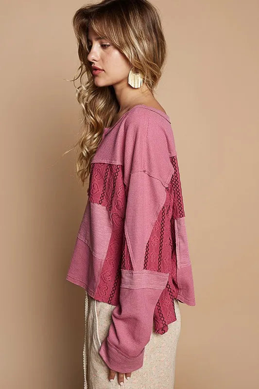 POL Half Button Color Block Drop Shoulder Knit Top 094814fb-725c-4c07-becf-780cb75980b0-Max