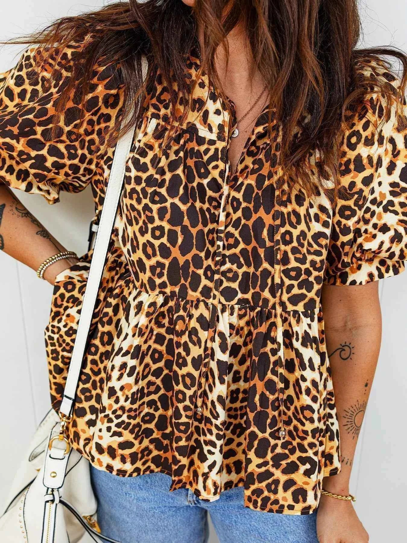 Leopard Print Short Puff Sleeve Slit Neck Babydoll Blouse 094f61db962545018c02b79a31b793bb-Max-Origin